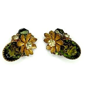 Vintage DeMario NY Green Floral Clip-On Statement Earrings
